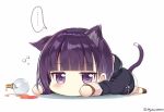  ... 1girl animal_ears bangs blunt_bangs blush bubble cat_ears cat_girl cat_tail chibi commentary eyebrows_visible_through_hair hood hood_down hooded_jacket jacket jitome kikko-chan_(myuton) lying myuton no_mouth on_stomach original pocket potion purple_hair shadow simple_background solo spill spoken_ellipsis tail white_background 