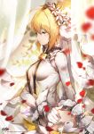  1girl ahoge bangs belt belt_buckle blonde_hair breasts bridal_veil buckle center_opening chains cleavage closed_mouth collar detached_collar fate/extra fate/extra_ccc fate_(series) flower from_side gloves green_eyes hair_between_eyes hair_flower hair_intakes hair_ornament head_wreath highres kyjsogom leotard lock long_sleeves looking_away medium_breasts padlock padlocked_collar petals plant saber_bride saber_extra short_hair sidelocks signature thigh-highs veil watermark web_address white_gloves white_leotard zipper 