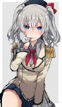  1girl blue_eyes blush commentary_request epaulettes gloves grey_background grey_hair highres kantai_collection kashima_(kantai_collection) long_hair long_sleeves looking_at_viewer military military_uniform mouth_hold neckerchief sketch solo tanuma_(tyny) two_side_up uniform 