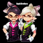  2boys aori_(splatoon) chikasame earrings fangs genderswap gloves hat hotaru_(splatoon) jewelry male mole mole_under_eye multiple_boys splatoon v 