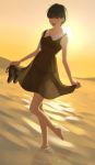  1girl :d ^_^ aconitea barefoot black_hair closed_eyes dutch_angle highres holding holding_shoes open_mouth original see-through shoes short_hair sky smile solo standing standing_on_one_leg sun wading water 