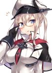  1girl adjusting_glasses anchor bangs black_gloves black_necktie blonde_hair blue_eyes blush breasts capelet collared_shirt commentary eyebrows_visible_through_hair glasses gloves graf_zeppelin_(kantai_collection) hair_between_eyes hat iron_cross kantai_collection large_breasts long_hair long_sleeves looking_at_viewer metindone military_hat necktie orange-framed_eyewear parted_lips red_necktie semi-rimless_glasses shirt simple_background solo striped striped_necktie twintails upper_body white_background white_shirt 