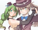  2girls blue_eyes blush braid brown_hair dancing elbow_gloves formal futatsuki_hisame gloves green_hair hair_ribbon hand_holding hat kantai_collection kazagumo_(kantai_collection) long_hair looking_at_viewer mini_hat mole mole_under_mouth multiple_girls ponytail ribbon single_braid smile suit very_long_hair yuugumo_(kantai_collection) 