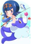  1girl bangs bare_shoulders blue_eyes blue_hair blush bright_pupils chimecho closed_mouth dewpider enelis fishing_rod hairband holding over_shoulder poke_ball pokemon pokemon_(creature) pokemon_(game) pokemon_sm popplio sailor_collar sea_lion shirt short_hair simple_background sleeveless sleeveless_shirt smile solo spider suiren_(pokemon) tareme trial_captain upper_body white_background wishiwashi 