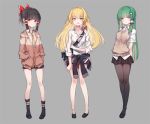  3girls alternate_costume arms_behind_back bangs bare_legs black_hair black_legwear black_shoes black_skirt blonde_hair blush boots bow brown_hair closed_mouth contemporary cross_eyed dress fang full_body green_eyes green_hair grey_background hair_bow hair_ornament hair_tubes hakurei_reimu hands_in_pockets kirisame_marisa kochiya_sanae long_hair looking_at_viewer multiple_girls necktie open_mouth pantyhose pleated_skirt pokan_(xz1128) red_eyes school_uniform shoes simple_background skirt smile snake_hair_ornament socks standing touhou vest yellow_eyes yellow_necktie 