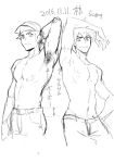 2016 2boys adonis_belt arm_behind_head arm_up armpit_hair baseball_cap comparison dated denim eyebrows_visible_through_hair groin hand_on_hip hat jeans kyouta_(a01891226) looking_at_viewer male_focus monochrome multiple_boys nipples ookido_green ookido_green_(sm) pants pokemon pokemon_(game) pokemon_sm red_(pokemon) red_(pokemon)_(sm) short_hair signature sketch smirk sparkle spiky_hair white_background 