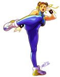  1girl alternate_costume brown_hair chun-li double_bun fighting_stance hair_bun hair_ribbon highres looking_at_viewer open_mouth ribbon robert_porter shoes sneakers solo street_fighter street_fighter_zero_(series) studded_bracelet 