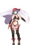  1girl awakening_(sennen_sensou_aigis) bandanna bare_shoulders blue_hair breasts cape_removed choker cypria_(sennen_sensou_aigis) elbow_gloves full_body gloves gluteal_fold green_eyes halterneck holding holding_knife holding_weapon knife looking_at_viewer navel official_art ryuuta_(msxtr) sennen_sensou_aigis short_hair smile solo standing torn_clothes transparent_background under_boob weapon 