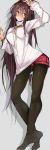  1girl arm_up blush bracelet breasts brown_eyes brown_hair cleavage_cutout eyebrows_visible_through_hair flower full_body grey_background hair_between_eyes hair_flower hair_ornament hand_on_wall jewelry kantai_collection long_hair long_sleeves looking_at_viewer medium_breasts pantyhose red_shorts rib:y(uhki) shadow shiny shiny_hair shorts simple_background sleeves_past_wrists smile solo standing sweat sweater tall tiptoes white_sweater yamato_(kantai_collection) 