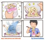  1boy 1girl 4koma absurdres ahegao blonde_hair blush comic copyright_request cup cup_noodle eating greenteaneko hair_over_one_eye highres in_container in_cup long_hair monster_girl open_mouth pointy_ears ramen tongue tongue_out what yellow_eyes |_| 