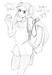  1girl bag bow dated double_bun female hat holding holding_poke_ball kyouta_(a01891226) legwear_under_shorts long_hair long_sleeves looking_at_viewer mei_(pokemon) monochrome pantyhose poke_ball pokemon pokemon_(game) pokemon_bw2 raglan_sleeves shorts shoulder_bag signature solo standing standing_on_one_leg twintails very_long_hair visor_cap white_background 