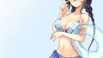  1girl adjusting_glasses bikini black_hair blue_eyes braid breasts chinese dated glasses head_out_of_frame highres innertube large_breasts long_hair ocean original sarong signature solo swimsuit translation_request twin_braids twintails water wavy_mouth x-boy 