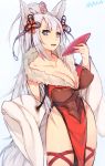  +_+ 1girl alcohol animal_ears artist_name bangs blue_eyes breasts cleavage collarbone cowboy_shot cup detached_sleeves dress drooling erun_(granblue_fantasy) eyebrows_visible_through_hair fang fox_ears fox_tail fur_trim granblue_fantasy groin hair_ornament highres holding large_breasts long_hair looking_at_viewer mukka pelvic_curtain red_dress ribbon sakazuki sake shiny shiny_skin silver_hair simple_background sketch socie_(granblue_fantasy) solo spill tail thigh_ribbon white_background 