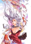  1girl bare_shoulders book breasts choker cleavage collarbone dress earrings fish goldfish grey_hair highres jewelry long_hair necklace open_mouth orange_eyes original patipat_asavasena sleeves_past_wrists solo 