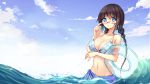  1girl adjusting_glasses bikini black_hair blue_eyes braid breasts chinese dated glasses highres innertube large_breasts long_hair ocean original sarong signature solo swimsuit translation_request twin_braids twintails wading water x-boy 
