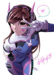  1girl arm_behind_back artist_name bangs blue_bodysuit bodysuit breasts brown_eyes brown_hair bunny_print clothes_writing covered_navel cowboy_shot d.va_(overwatch) facepaint facial_mark gloves headphones heart leaning_forward light_smile long_hair looking_at_viewer mike_nesbitt one_eye_closed overwatch pilot_suit ribbed_bodysuit shoulder_pads signature simple_background sketch small_breasts solo spoken_heart swept_bangs translation_request v whisker_markings white_background white_gloves 