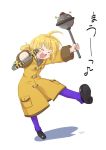  100_percent_orange_juice 1girl ahoge blonde_hair blush coat kiriu long_sleeves open_mouth pants pocket saki_(suguri) shoes smile solo suguri translation_request turtleneck weapon 