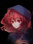  1girl bangs baocaizi cloak fingernails hair_bobbles hair_ornament hood koumajou_densetsu koumajou_densetsu_2 looking_at_viewer nail_polish onozuka_komachi parted_lips red_eyes red_nails redhead sharp_fingernails solo touhou two_side_up upper_body 