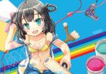  1girl 2016 :d aqua_eyes bikini black_hair blush braid breasts cleavage fang green_eyes hair_ribbon hair_rings hand_in_hair hood hoodie hoodie_vest jin_young-in looking_at_viewer nail_gun open_mouth original paint paint_can paint_on_clothes paint_roller paintbrush rainbow ribbon short_hair shorts small_breasts smile swimsuit swimsuit_under_clothes tape text twin_braids two_side_up unbuttoned vest 