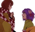  2girls angry bell brown_eyes brown_hair checkered_scarf flower from_side futatsuiwa_mamizou glasses hair_flower hair_ornament hair_ribbon hieda_no_akyuu japanese_clothes kimono long_hair looking_at_another multiple_girls nekolina open_mouth purple_hair red_ribbon ribbon scarf short_hair smile touhou violet_eyes 