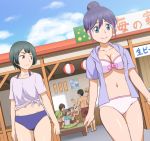  2girls 5boys bikini black_hair blonde_hair blue_bikini breasts brown_hair cleavage dutch_angle green_eyes green_hair igarashi_yuusuke kosyooka lips male_swimwear multiple_boys multiple_girls mutsumi_asuma nanashima_nozomu navel nishina_shima pink_bikini profile purple_hair serinuma_kae shinomiya_hayato shirt smile swim_trunks swimsuit swimwear tied_shirt violet_eyes watashi_ga_motete_dousunda 