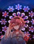  1girl bangs baocaizi blue_shirt blurry closed_mouth collarbone depth_of_field eyeball frilled_shirt_collar frilled_sleeves frills hairband heart highres komeiji_satori long_sleeves looking_at_viewer pink_eyes pink_hair shirt short_hair solo stained_glass third_eye touhou upper_body wide_sleeves 