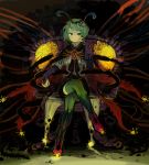 boots bridal_gauntlets cape crossed_legs green_eyes green_hair insect iwamoto_james sitting thigh-highs thigh_boots thighhighs throne touhou wings wriggle_nightbug 