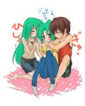  blush brown_hair couple green_hair hand_holding higurashi_no_naku_koro_ni holding_hands hug hug_from_behind long_hair maebara_keiichi oekaki ponytail short_hair sitting socks sonozaki_mion sonozaki_shion 