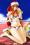  beach bikini blush breasts brown_eyes brown_hair dead_or_alive hat kasumi kneeling large_breasts long_hair ohshima_ryo ooshima_ryou santa_hat side-tie_bikini swimsuit 