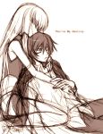  c.c. cc code_geass couple creayus hold holding hug hug_from_behind lelouch_lamperouge long_hair monochrome reclining 