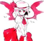  hat looking_at_viewer monochrome red red_eyes remilia_scarlet short_hair sketch slit_pupils solo touhou usa_(artist) usaki_(ama) v_arms wings wrist_cuffs 