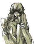  cc code_geass couple creayus dated fangs green hold holding hug lelouch_lamperouge licking long_hair monochrome nude protect teeth 