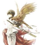  axis_powers_hetalia bird bird_on_arm cherry_blossoms formal japan_(hetalia) kuroemon lowres male ribbon short_hair solo sword weapon wind 