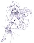  foreshortening graphite_(medium) hands long_hair monochrome outstretched_arm outstretched_hand reisen_udongein_inaba sitting sketch smile solo touhou traditional_media usa_(artist) usaki_(ama) 