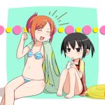  barefoot bikini black_eyes black_hair child closed_eyes drinking feet flat_chest hair_bun hair_ornament hairclip innertube kurabayashi_aya marui_hitoha midriff mitsudo_moe mitsudomoe miyashita multiple_girls navel one-piece one-piece_swimsuit orange_hair short_twintails striped swimsuit towel twintails 