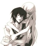 cc closed_eyes code_geass creayus hold holding hug hug_from_behind lelouch_lamperouge long_hair monochrome 