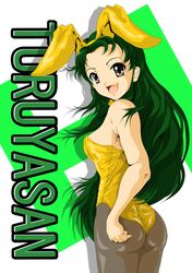  ass brown_eyes bunny_ears bunnysuit fang gray_pantyhose green_hair h highres long_hair looking_back nanashi_noiji pantyhose rabbit_ears suzumiya_haruhi_no_yuuutsu tsuruya very_long_hair 