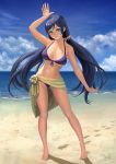  1girl absurdres arm_up beach bikini breasts clouds contrapposto dated footprints front-tie_bikini front-tie_top green_eyes highres large_breasts lasterk long_hair looking_at_viewer love_live!_school_idol_project navel ocean purple_bikini purple_hair sarong signature sky smile solo standing strap_gap swimsuit toujou_nozomi very_long_hair 