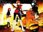  1024x768 canti flcl gloves guitar halo haruhara_haruko instrument motor_vehicle nandaba_naota pink_hair red_hair redhead rickenbacker robot samejima_mamimi school_uniform scooter short_hair vehicle vespa wallpaper 