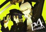  blue_eyes blue_hair cabbie_hat couple grey_eyes grey_hair gun handgun hat highres jacket narukami_yuu official_art persona persona_4 reverse_trap scan school_uniform seta_souji shigenori_soejima shirogane_naoto short_hair soejima_shigenori sword trigger_discipline weapon 