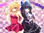  bad_id blonde_hair blue_eyes blue_hair bow breasts dress earrings green_eyes hair_bow hand_on_hip honekoneko_(psg) jewelry kosuzume long_hair multicolored_hair multiple_girls panties panty_&amp;_stocking_with_garterbelt panty_(character) panty_(psg) stocking_(character) stocking_(psg) stuffed_animal stuffed_toy two-tone_hair underwear 