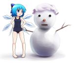  barefoot child cirno cosplay flat_chest hands_on_hips kusaba letty_whiterock letty_whiterock_(cosplay) one-piece_swimsuit school_swimsuit snow snowman solo swimsuit touhou 