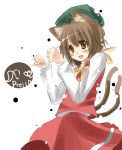  blush brown_eyes brown_hair cat_ears cat_tail chen hat multiple_tails paw_pose prelld short_hair solo tail touhou 