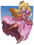 1girl blonde_hair blue_background blue_eyes crown dress earrings elbow_gloves flying gloves hanyu high_heels hun jewelry long_dress long_hair nintendo princess_peach shoes solo super_mario_bros. wink