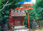  clouds komainu konoma nature no_humans original scenery shimenawa shrine statue temple torii tree 