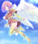  1girl angel_wings blue_eyes blush boots dragon_quest dragon_quest_ix eeeeee female flying heroine_(dq9) no_panties pink_hair short_hair smile solo thigh-highs thigh_boots thighhighs wings 