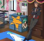  crossed_arms green_hair jacket leaning macross macross_frontier manly military military_uniform otaku_room ozma_lee ponytail ranka_lee room s.m.s. sahare short_hair uniform 