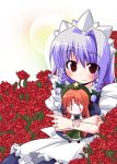  bad_id blush character_doll chibi doll flower hairband hong_meiling hug izayoi_sakuya kuraryu red_eyes ribbon rose silver_hair touhou 