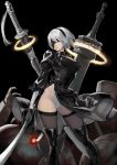  1girl absurdres blindfold boots breasts chains cleavage_cutout contrapposto feather_trim highres kamisa mole mole_under_mouth nier_(series) nier_automata puffy_sleeves short_hair silver_hair sword thigh-highs weapon 