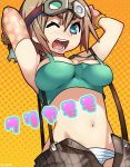  breasts goggles memememe open_fly panties pixiv_robot_wars short_hair solo spanner striped striped_panties suspenders tank_top translation_request underwear unzipped wink wrench 